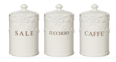 Set di 3 pezzi barattoli in ceramica Sale, Zucchero e Caffè – La bottega del Pollino Set di 3 pezzi barattoli in ceramica Sale, Zucchero e Caffè – La bottega del Pollino
