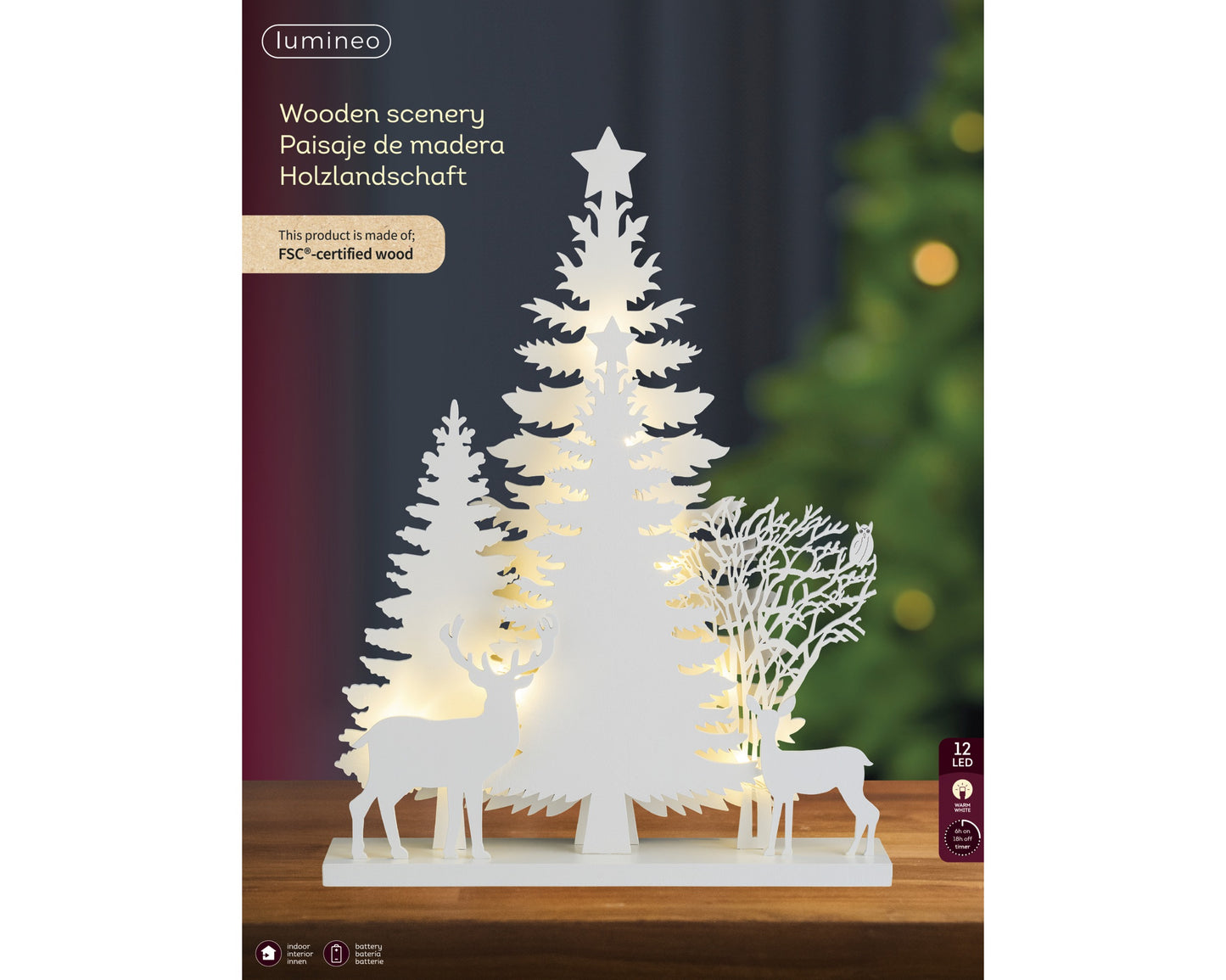 Decoro natalizio paesaggio in legno bianco con led 30x5,5x40h - Kaemingk