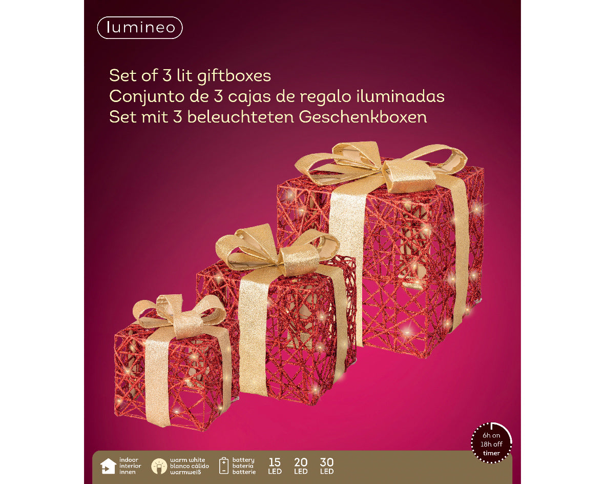 Tris Pacchi luminosi rossi e oro con batterie - Lumineo