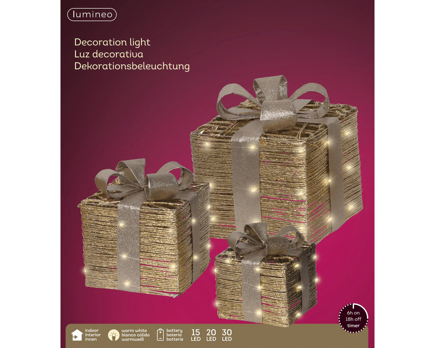 Set di 3 pacchi natalizi oro con LED - Kaemingk