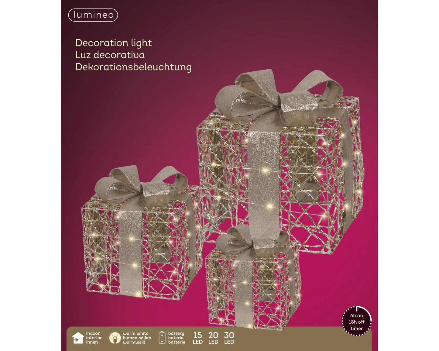 Set di 3 pacchi natalizi oro con LED - Kaemingk