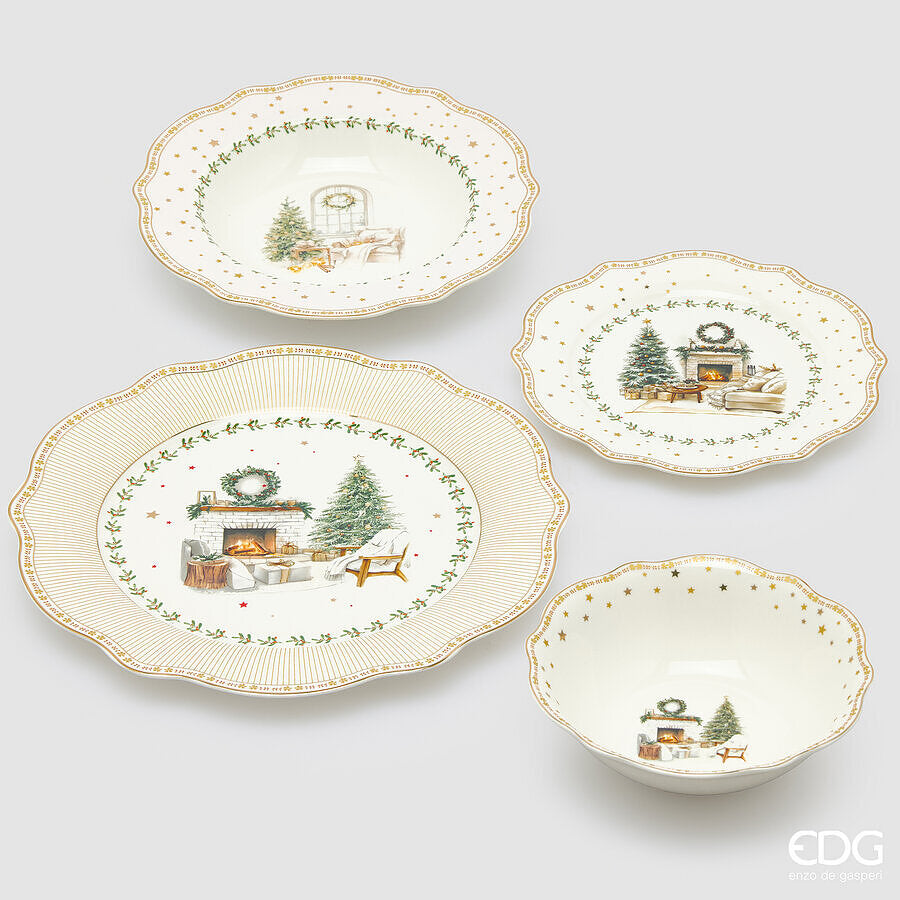 Servizio tavola natalizio 12 pezzi serie 'Caminetto' white green - EDG