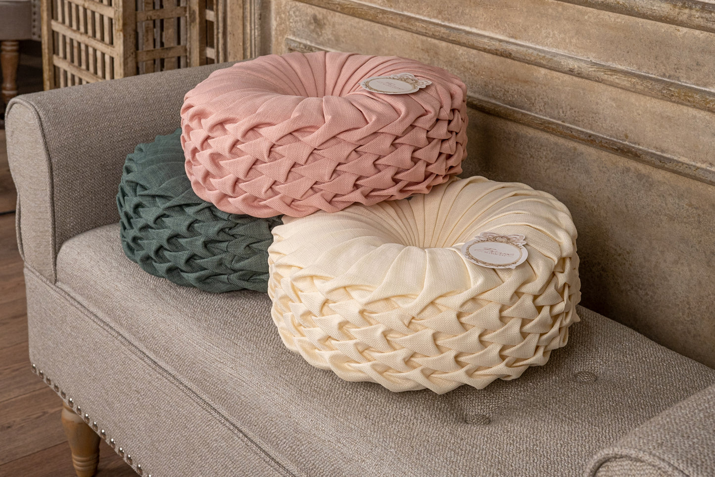 Cuscino tondo serie "Pastel Rose” verde D40 - Blanc Maricló