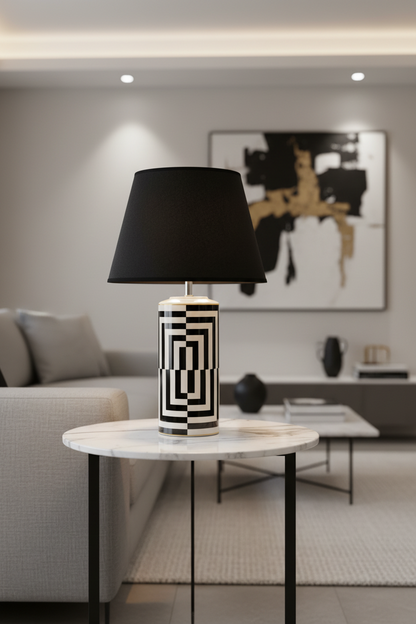 L'arte di nacchi - Lampada da tavolo motivo geometrico bianco e nero D30 H51