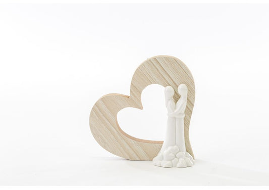 cuore in legno con sposi in porcellana 8x 8hcm - Le Stelle