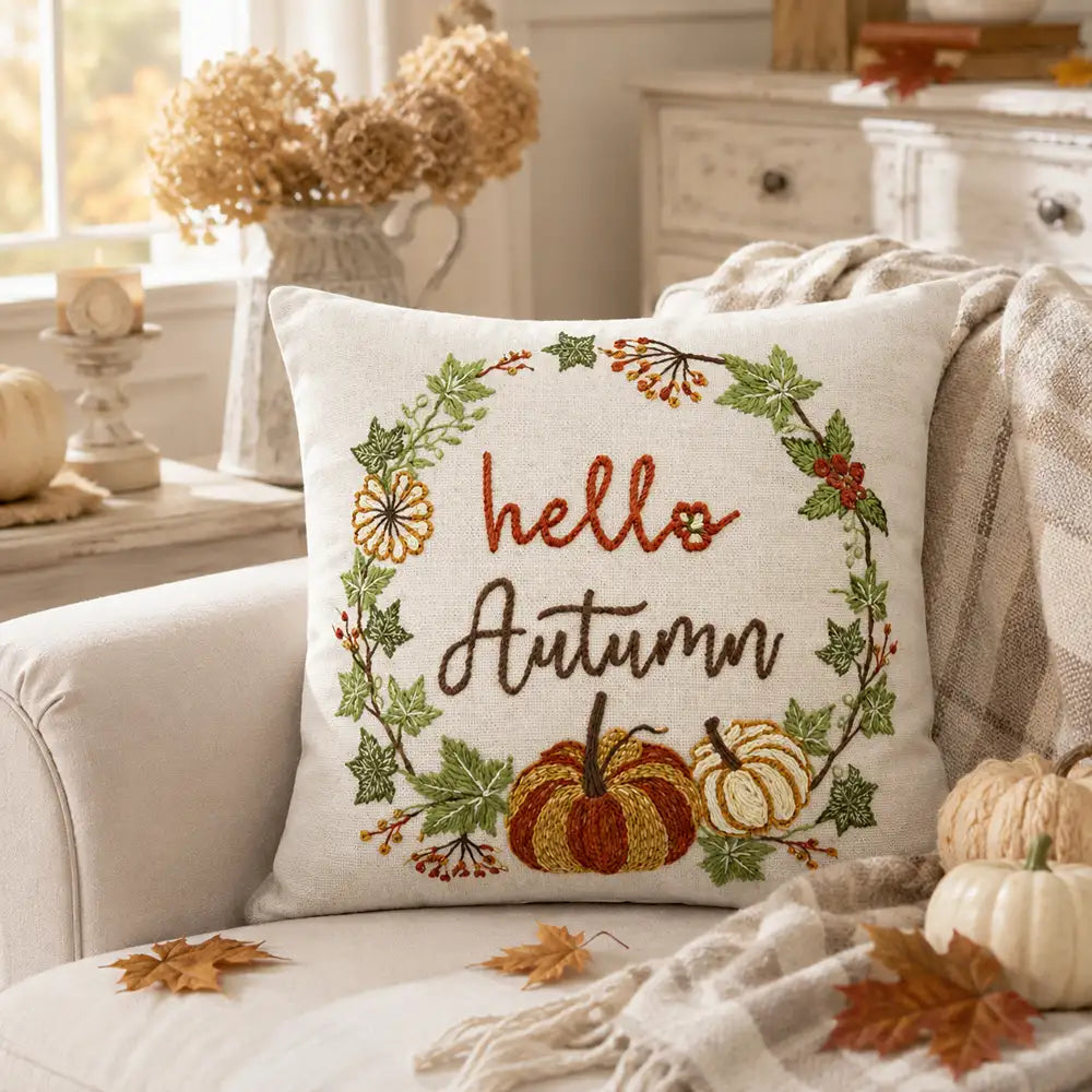 Cuscino quadrato ‘Amber’ con scritta Hello Autumn con zucca 45x45 - Clodette