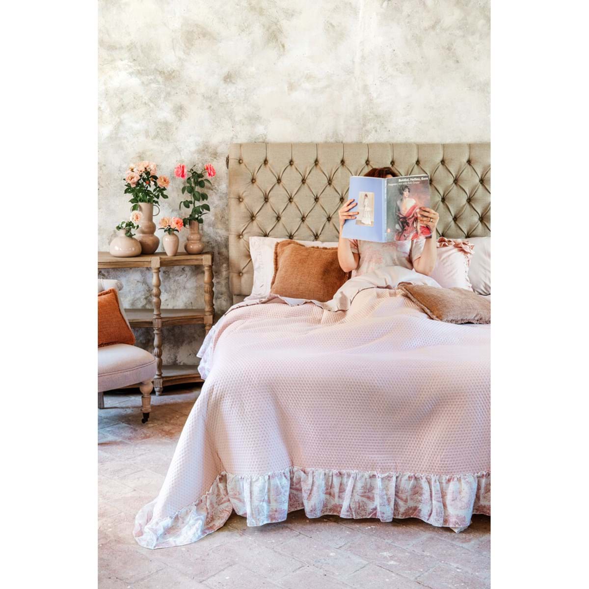 Trapunta matrimoniale con gala serie Toile de Jouy 250x250 - Blanc Maricló