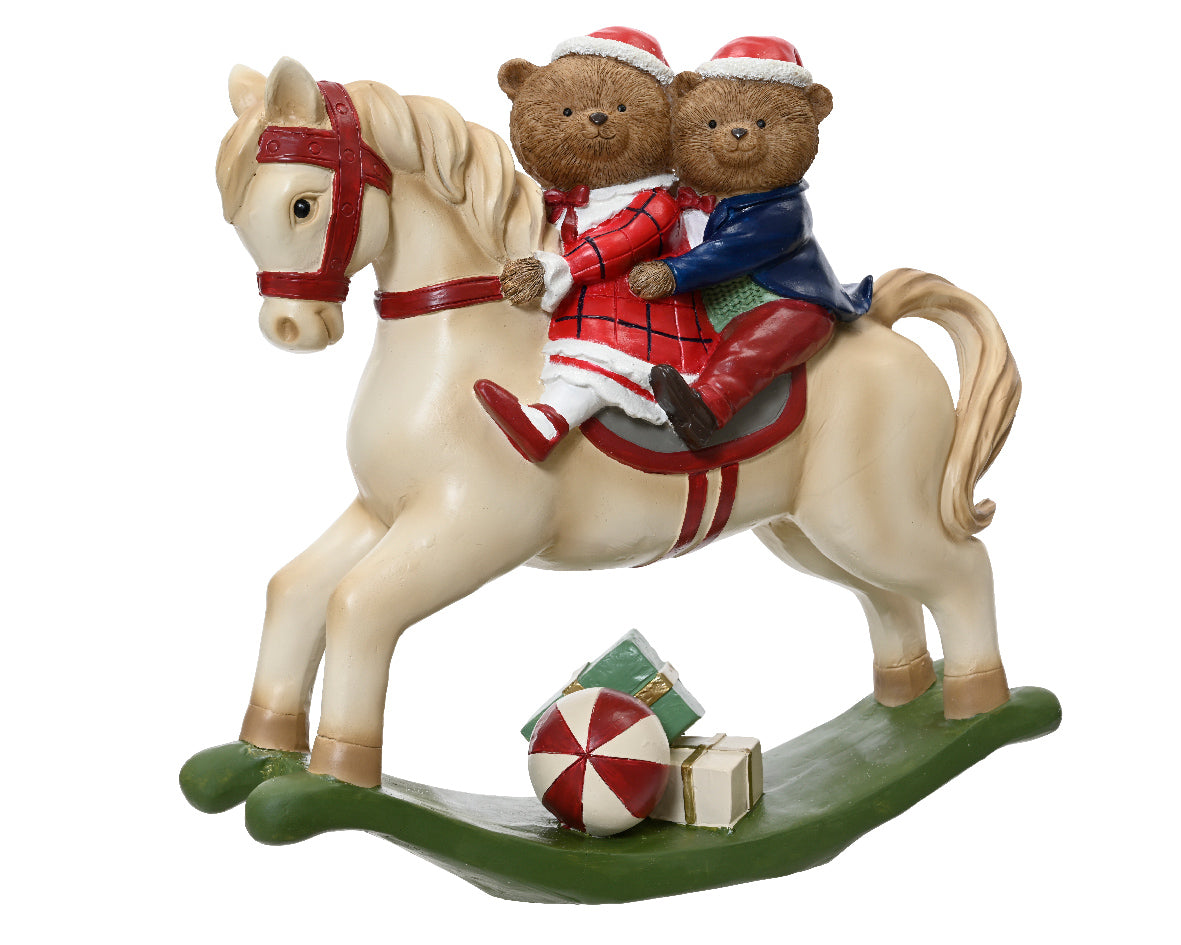 Dondolo con 2 orsi e cavallo decoro natalizio 36,5x12,5x33,5 - Decoris