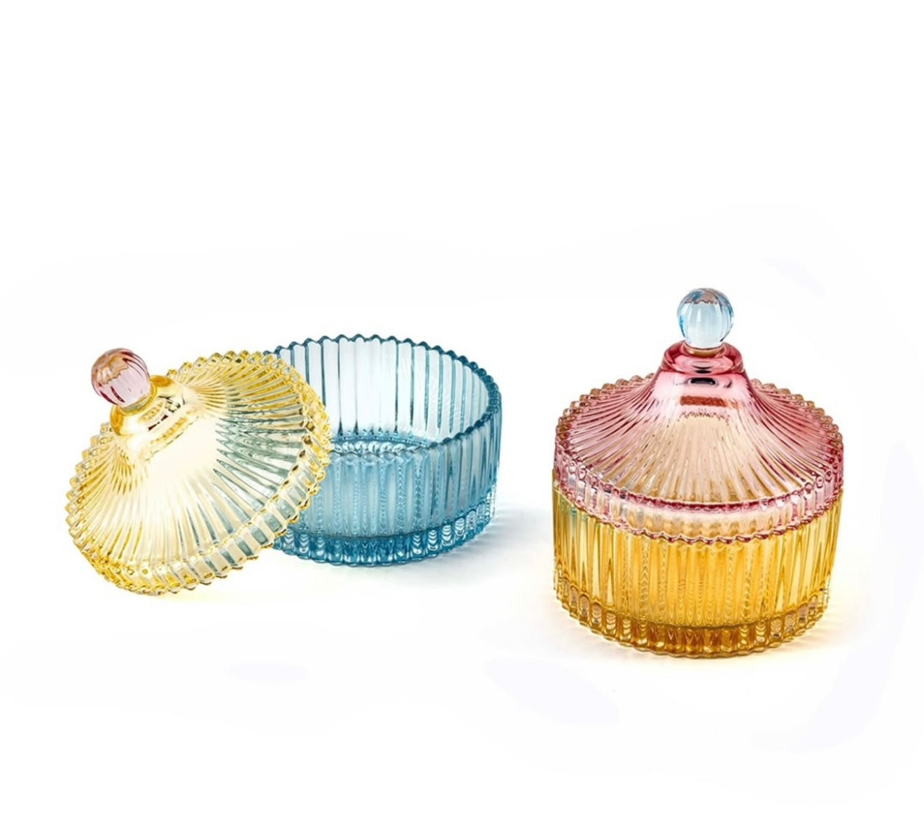 Scatole vetro 2 assortite tonda rigata linea ’Rainbow’  10,5x12,5H- Madrhelen