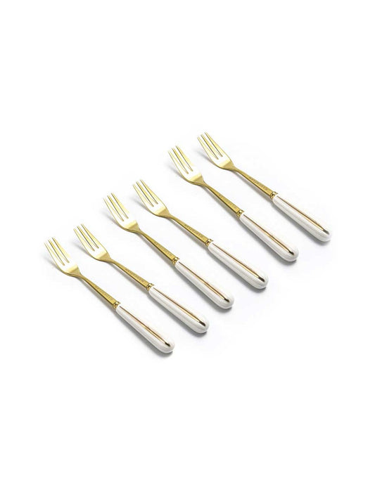 SET 6 FORCHETTINE DA DOLCE CON MANICO IN PORCELLANA BIANCA "LINEA GOLD"" -MADRHÉLEN